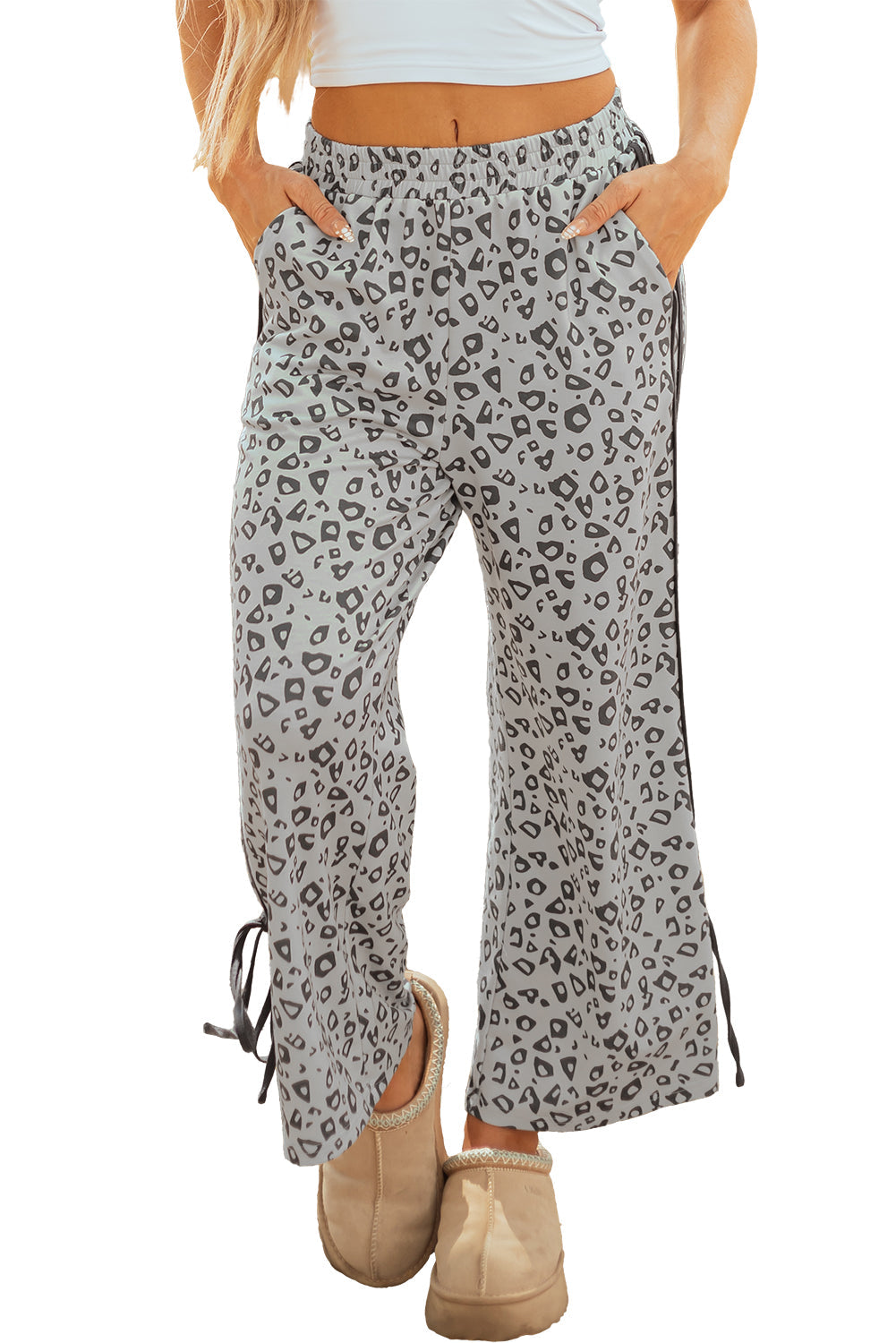 Gray Leopard High Waist Side Bow Straight Leg Love Salve